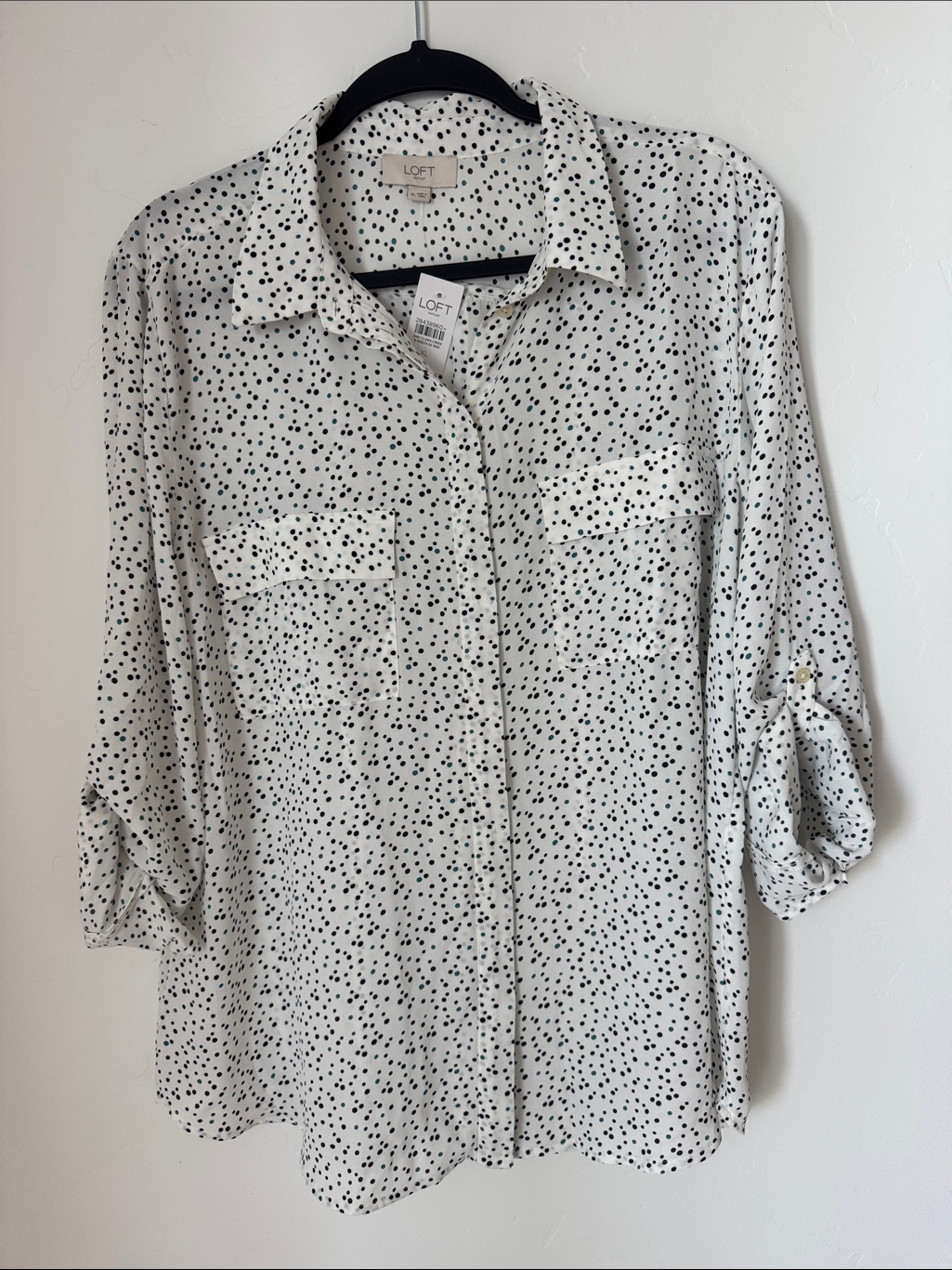 Nwt Loft White Black Polka Dot Career Office Utility Button Front Blouse Xl